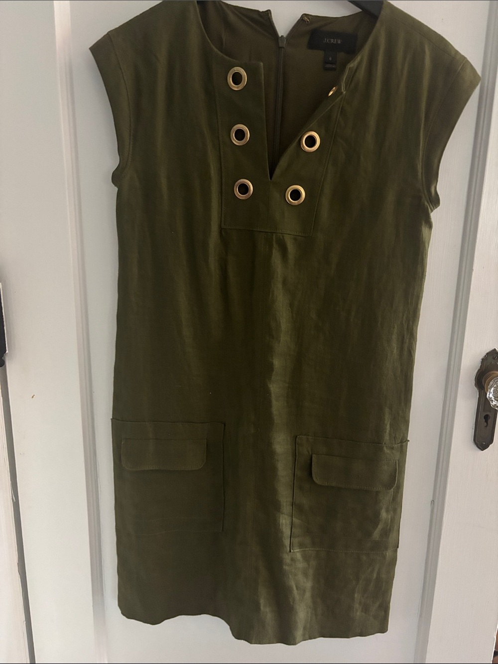 J. Crew Olive Green Shift Dress with Gold Grommets